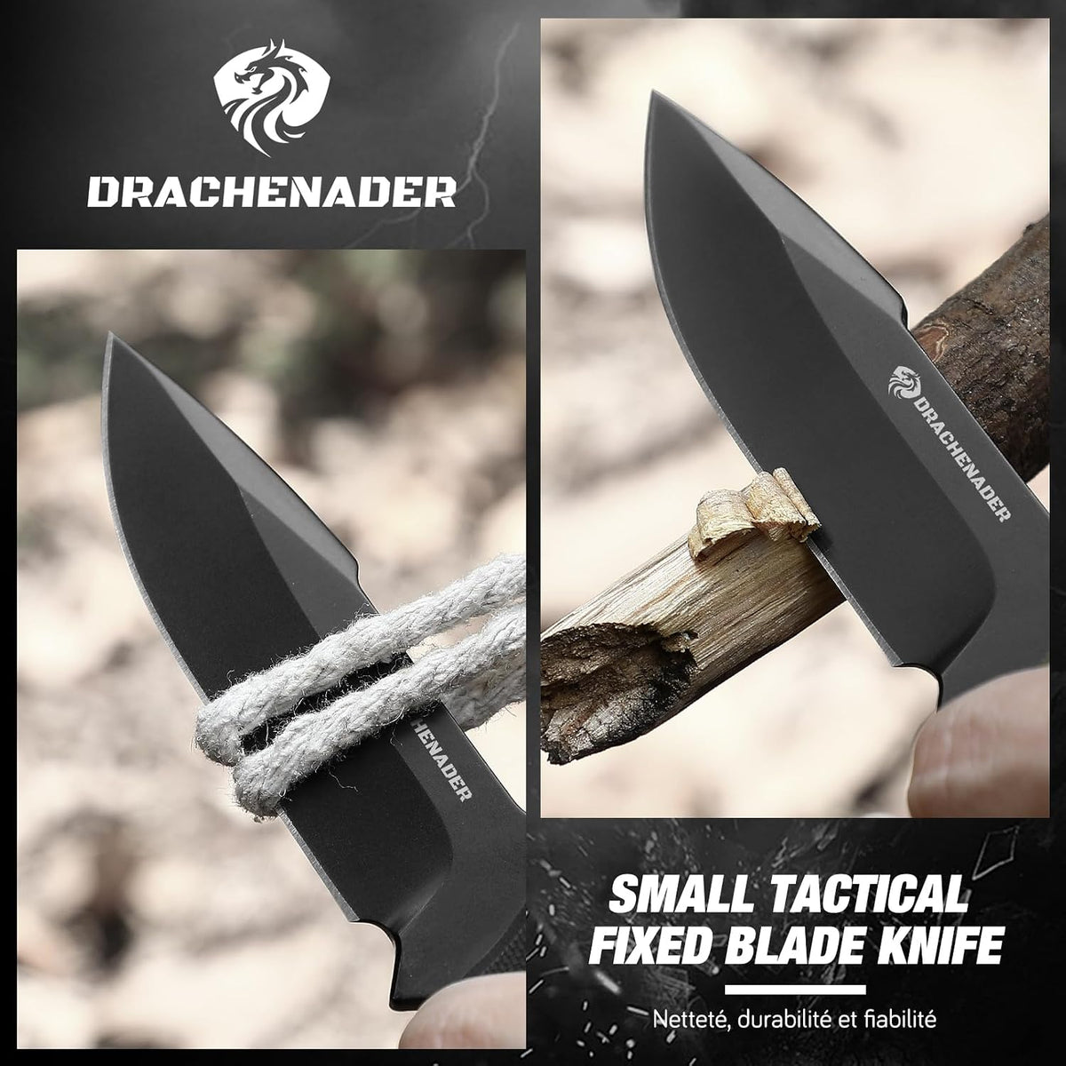 DRACHENADER 7" D2 Steel EDC Fixed Blade Knife with G10 Handle and Kydex Sheath