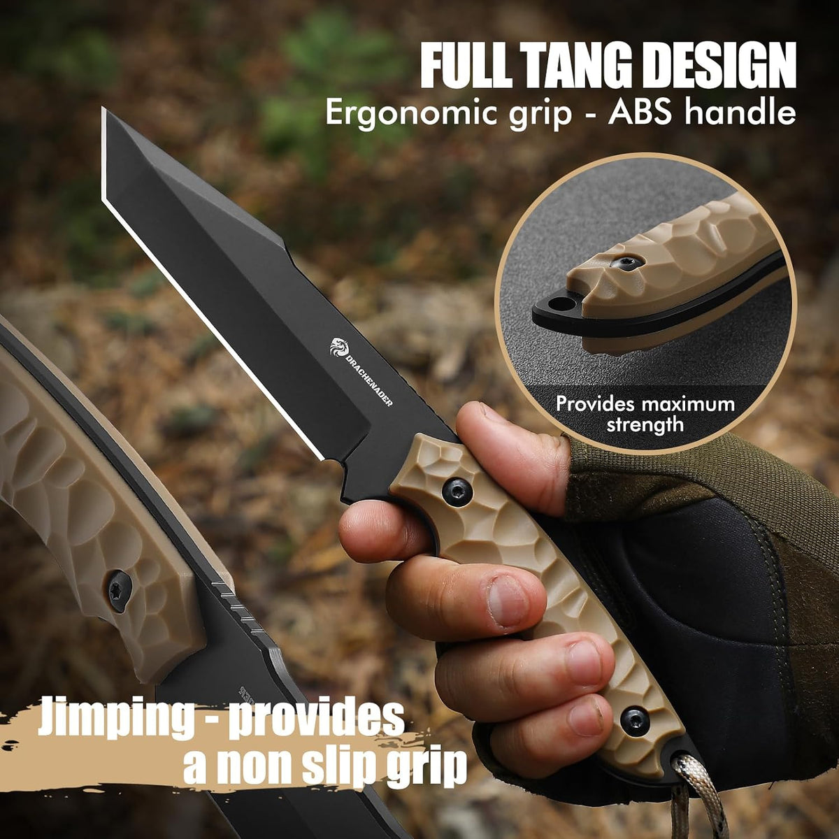 DRACHENADER 9.29" Tanto Fixed Blade Knife with 5Cr14MoV Blade & ABS Sheath