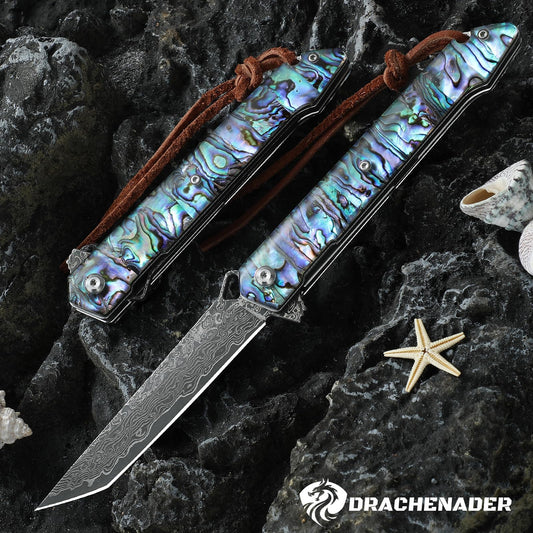 DRACHENADER 8.97" Tanto Damascus Folding Knife with Abalone Shell Handle Leather Sheath
