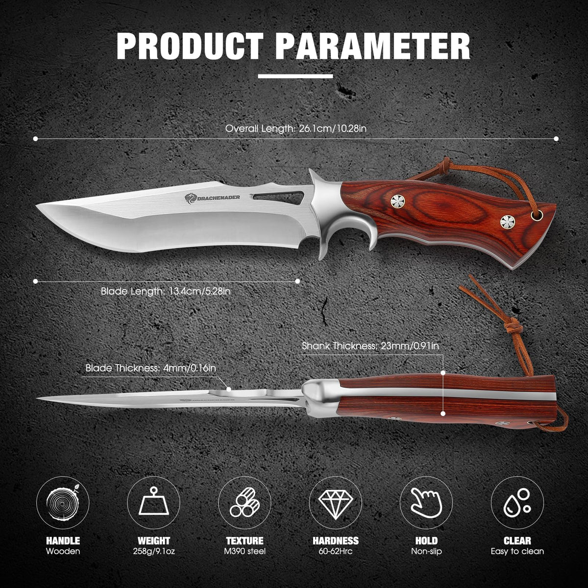 DRACHENADER 10.24" M390 Full Tang Fixed Blade Knife with Wood Handle and Leather Sheath