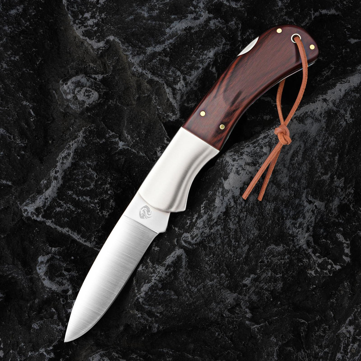 DRACHENADER 440C Two-Hand Opening Folding Knife with Wood Handle & Leather Sheath