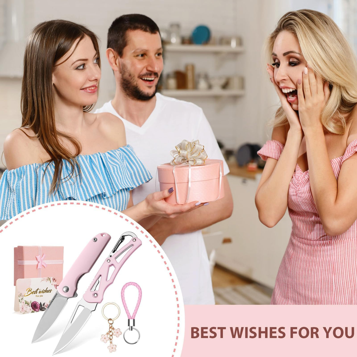 DRACHENADER 2PCS Pink Pocket Knife Gift Set with Keychains & Gift Box