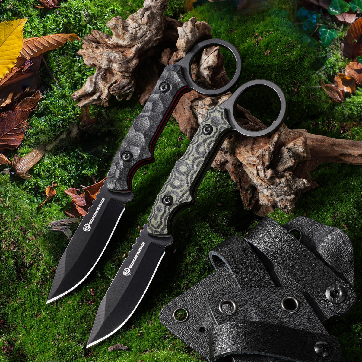 DRACHENADER 7.08" 5Cr13MoV Full Tang Fixed Blade Knife with Finger Ring & Kydex Sheath