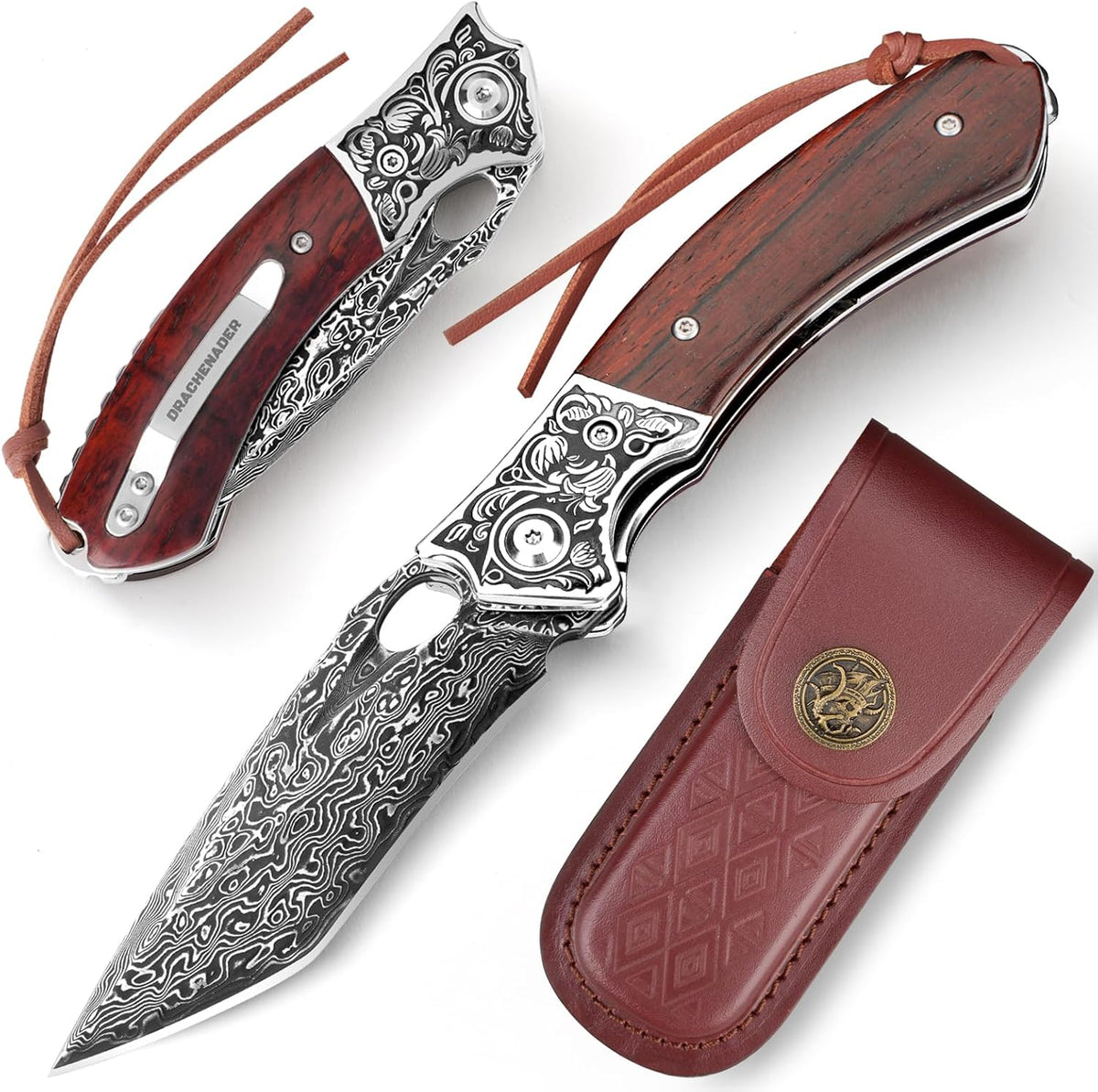 DRACHENADER 7.8" Damascus Folding Pocket Knife with Clip and Red Leather Sheath