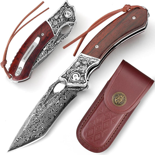 DRACHENADER 7.8" Damascus Folding Pocket Knife with Clip and Red Leather Sheath