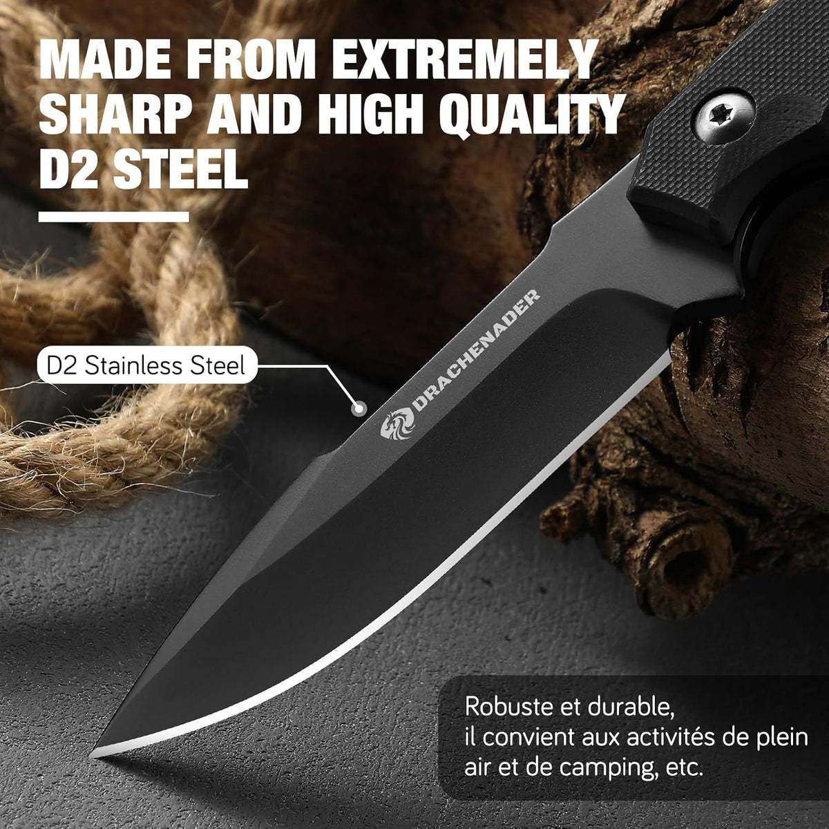 DRACHENADER 7" D2 Steel EDC Fixed Blade Knife with G10 Handle and Kydex Sheath