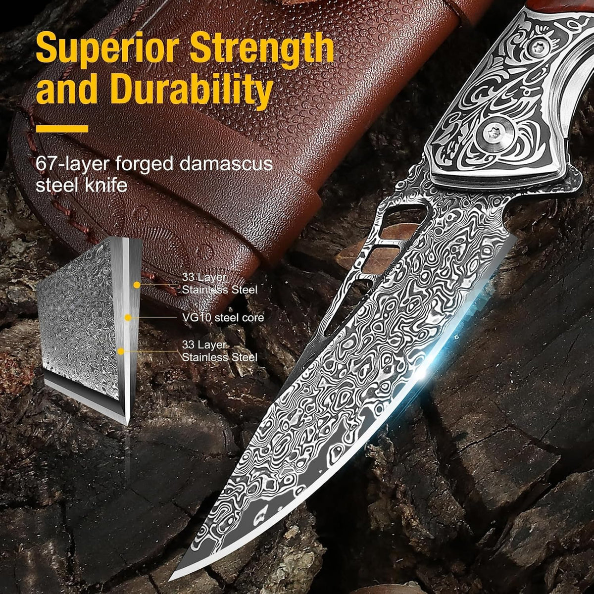 DRACHENADER Damascus Folding Pocket Knife with Wood Handle and Leather Sheath