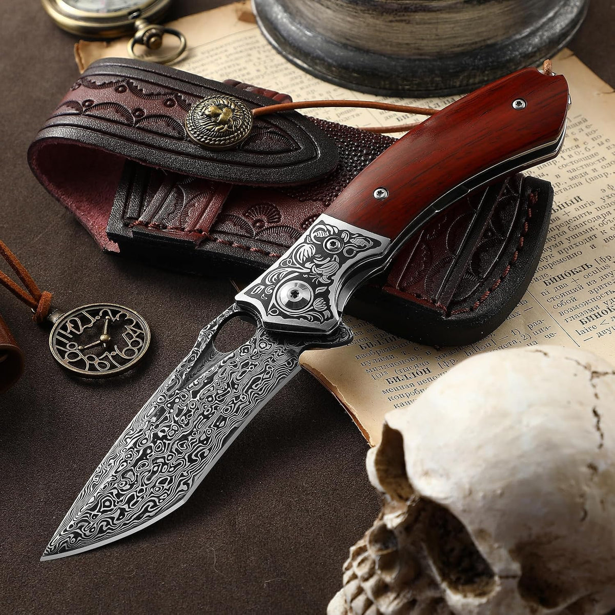 DRACHENADER  Damascus Steel Folding Knife with Leather Sheath