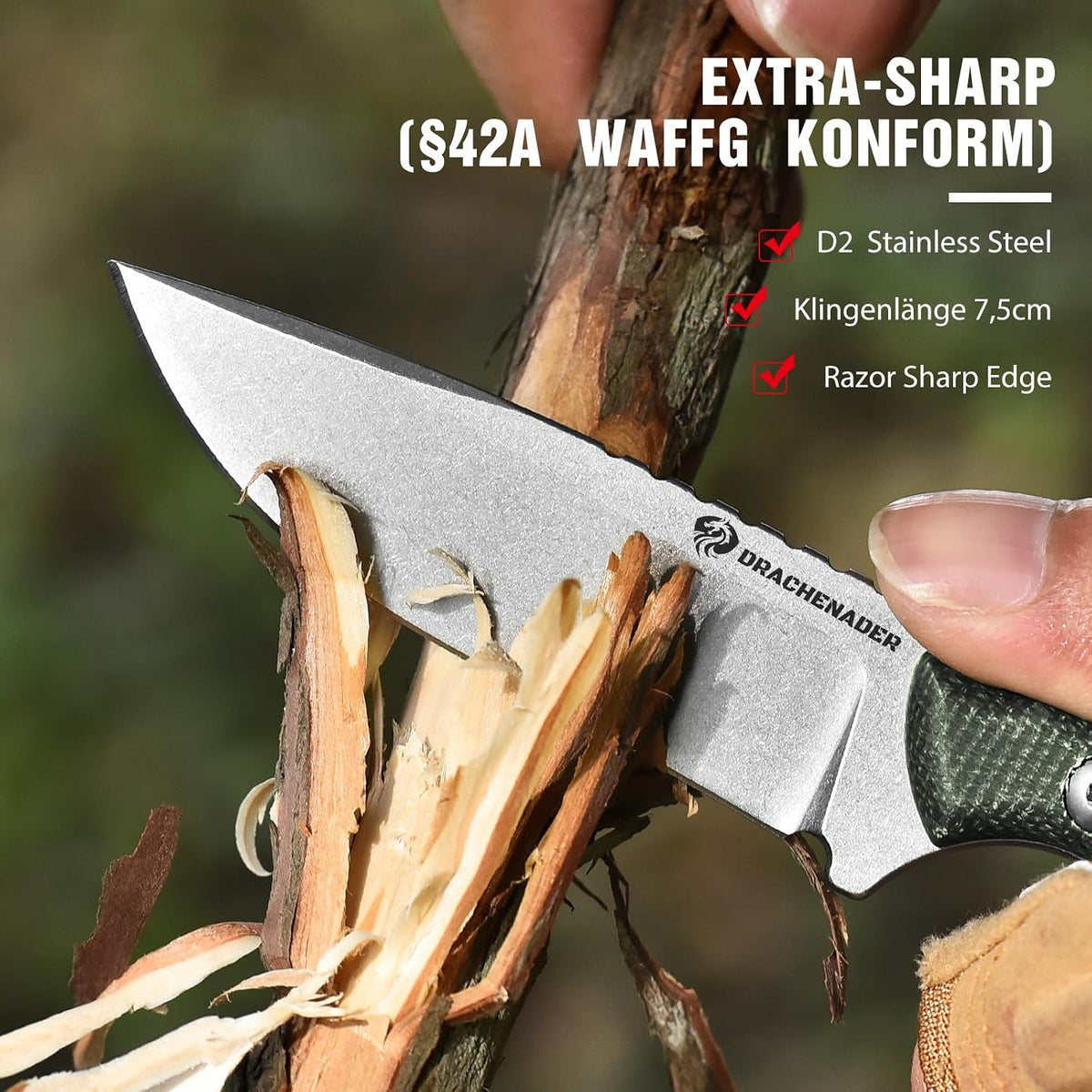 DRACHENADER GT3 7" Small Fixed Blade Knife with D2 Steel Micarta Handle and Kydex Sheath