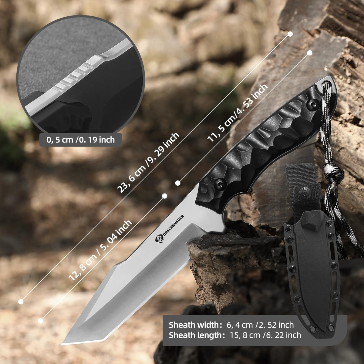DRACHENADER 9.29" Tanto Fixed Blade Knife with 5Cr14MoV Blade & ABS Sheath