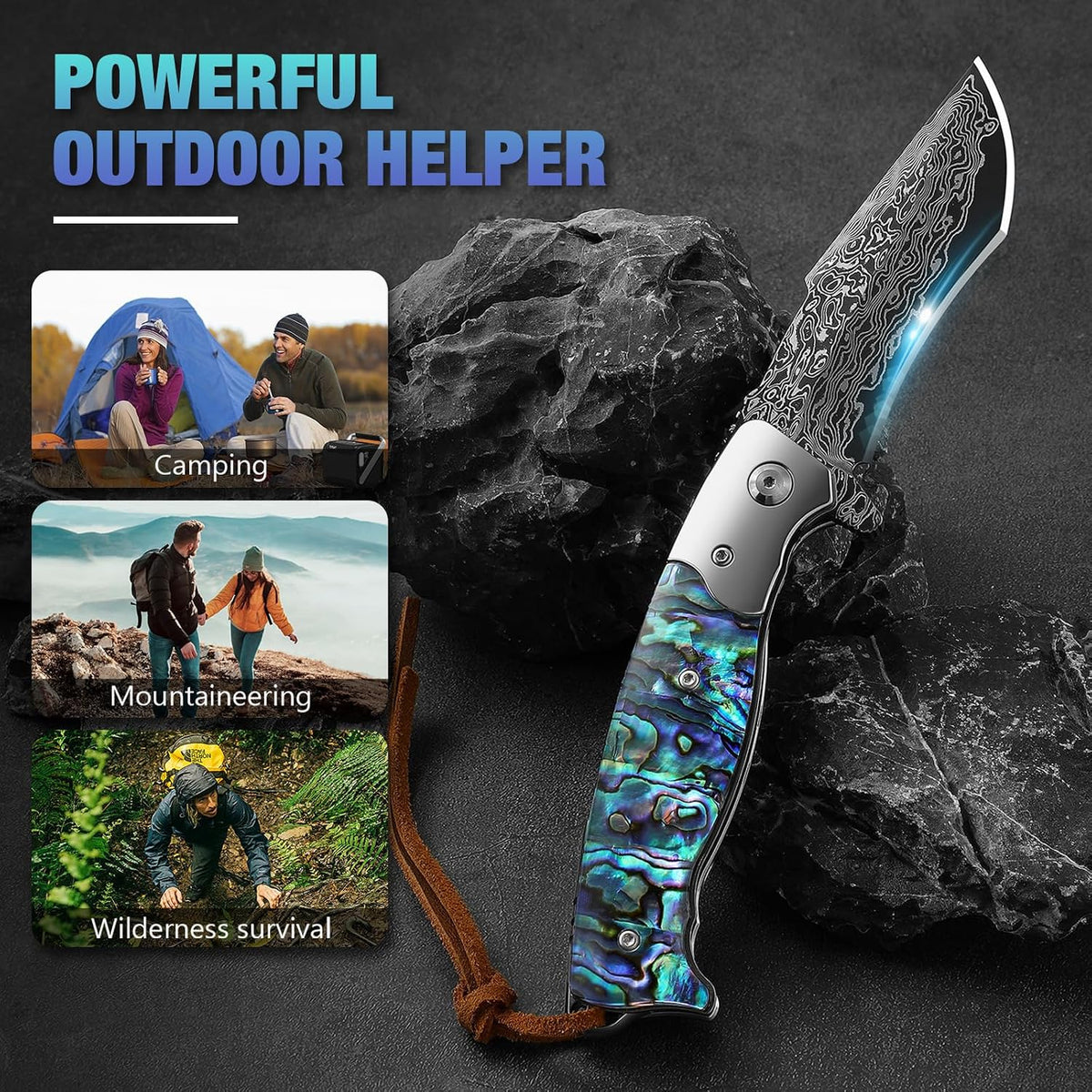 DRACHENADER Damascus Folding Knife with Abalone Handle and Leather Sheath