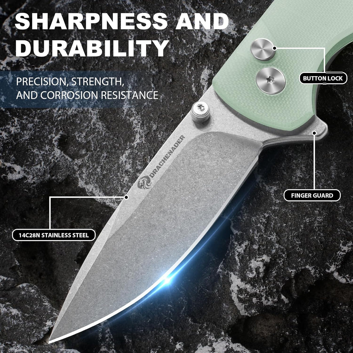 DRACHENADER 7.28" Mini Folding Knife 14C28N Steel G10 Handle Button Lock