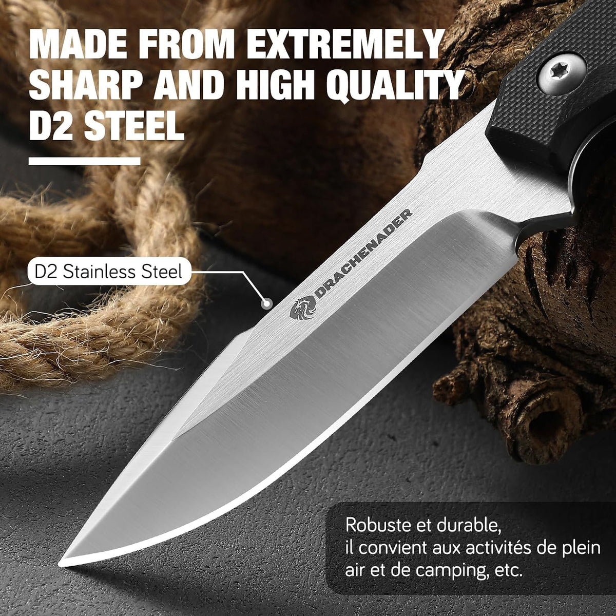 DRACHENADER 7" D2 Full Tang Fixed Blade Knife with G10 Handle & Kydex Sheath