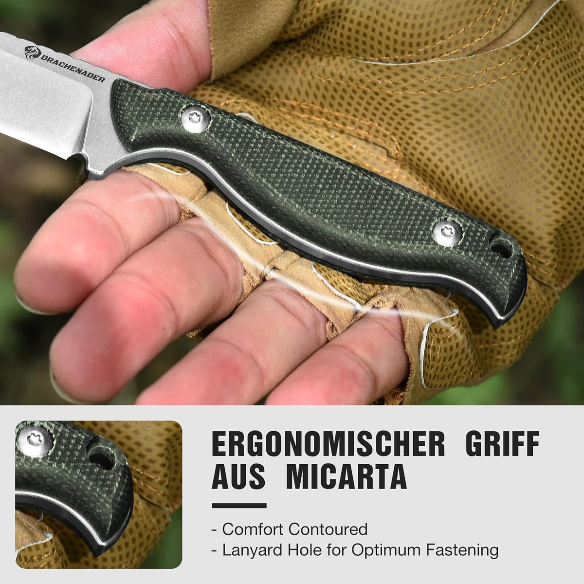 DRACHENADER GT3 7" Small Fixed Blade Knife with D2 Steel Micarta Handle and Kydex Sheath