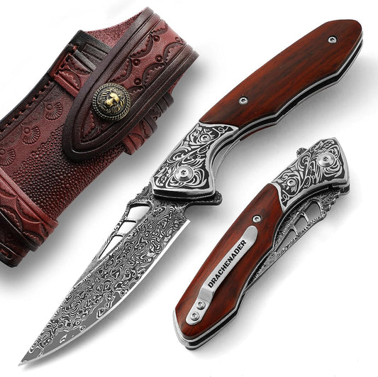DRACHENADER Damascus Folding Pocket Knife with Wood Handle and Leather Sheath