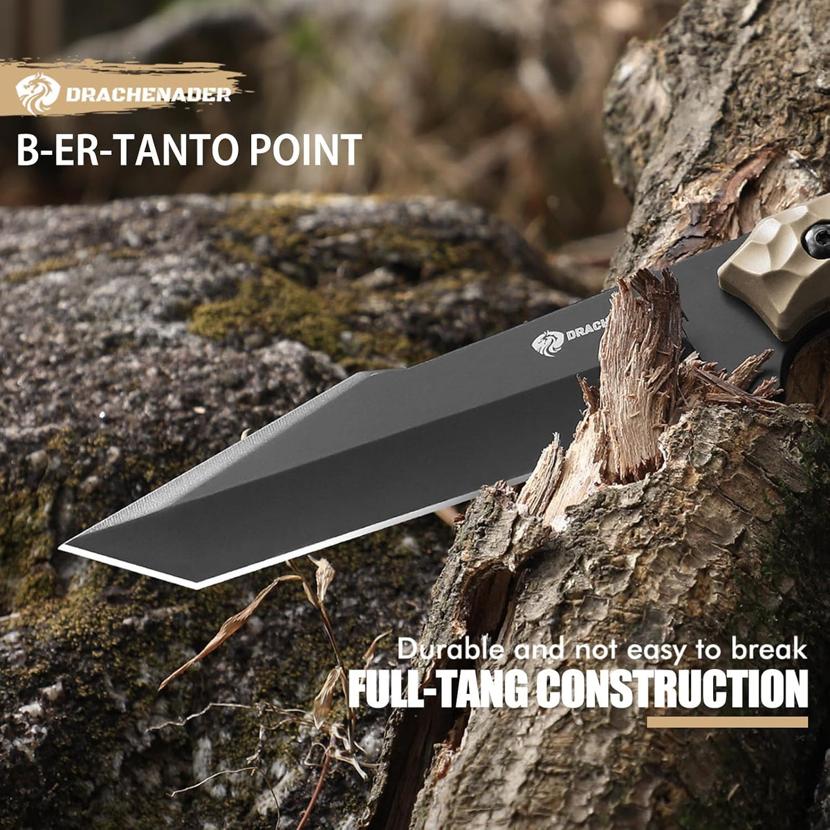DRACHENADER 9.29" Tanto Fixed Blade Knife with 5Cr14MoV Blade & ABS Sheath