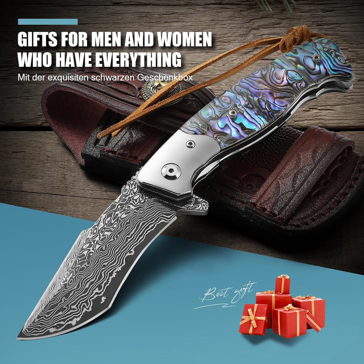 DRACHENADER Damascus Folding Knife with Abalone Handle and Leather Sheath