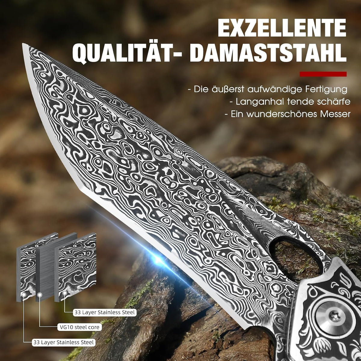 DRACHENADER  Damascus Steel Folding Knife with Leather Sheath