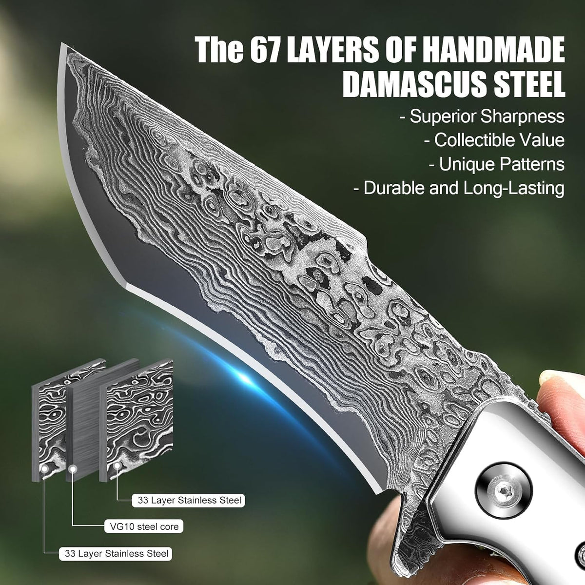 DRACHENADER Damascus Folding Knife with Abalone Handle and Leather Sheath