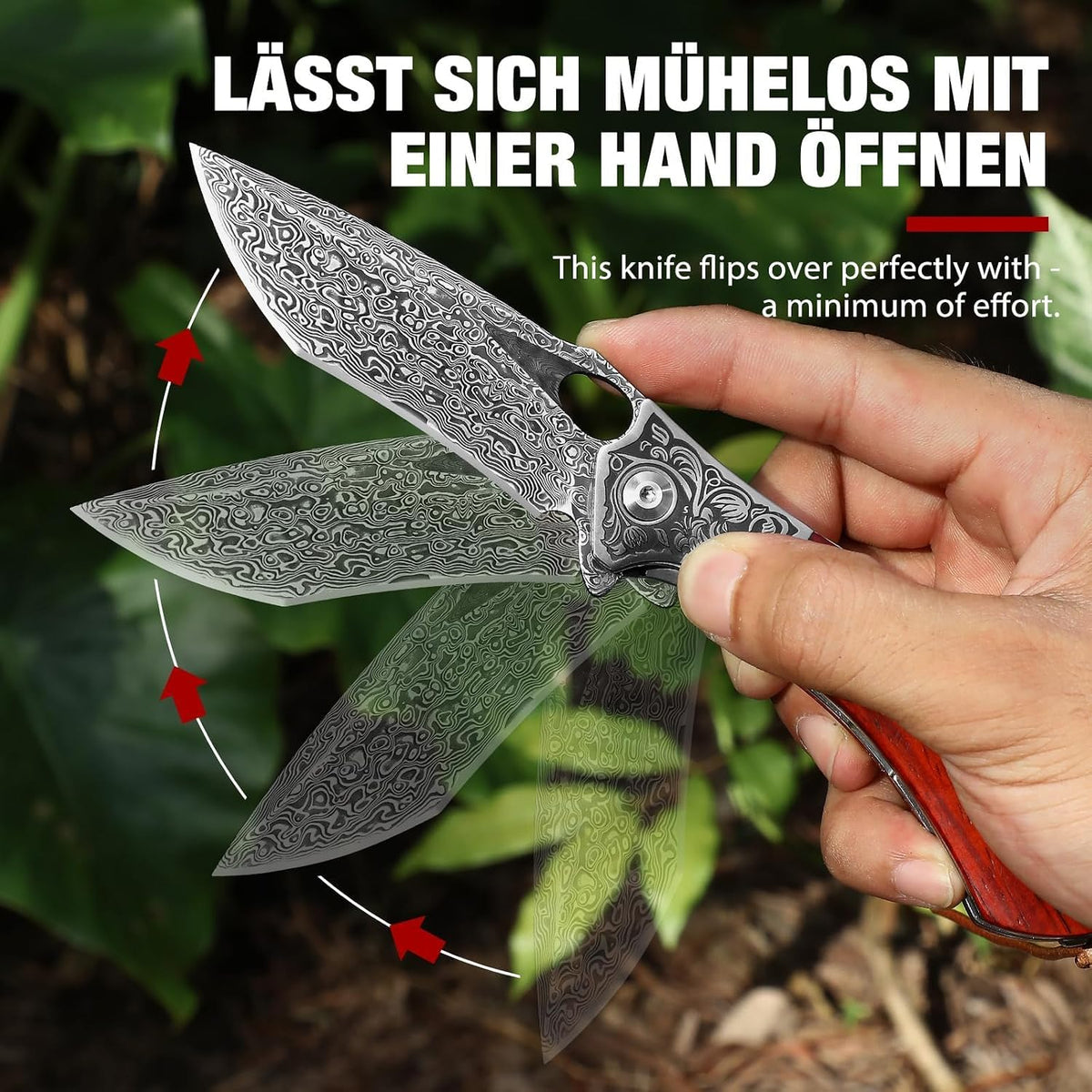 DRACHENADER  Damascus Steel Folding Knife with Leather Sheath
