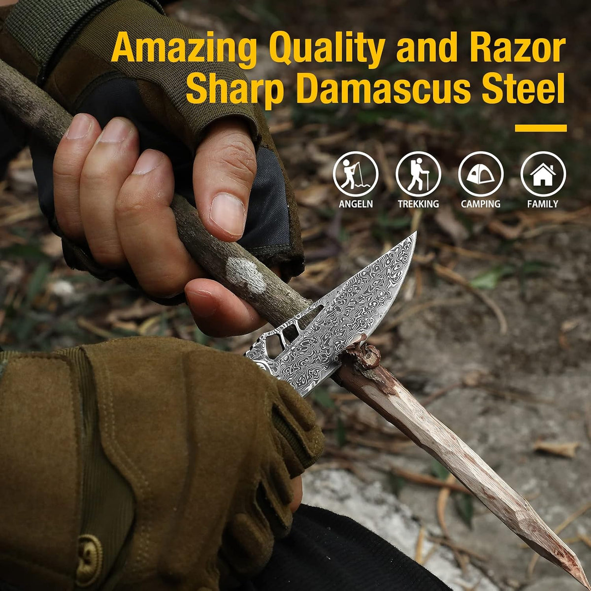 DRACHENADER Damascus Folding Pocket Knife with Wood Handle and Leather Sheath