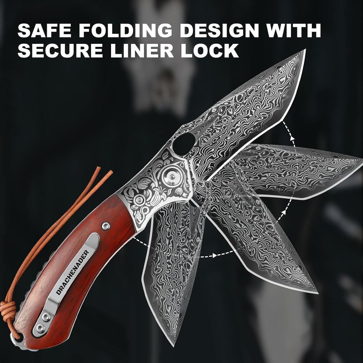 DRACHENADER 7.8" Damascus Folding Pocket Knife with Clip and Red Leather Sheath