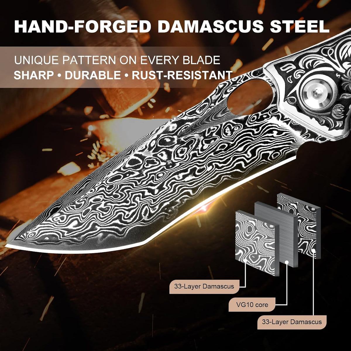 DRACHENADER 7.8" Damascus Folding Pocket Knife with Clip and Red Leather Sheath