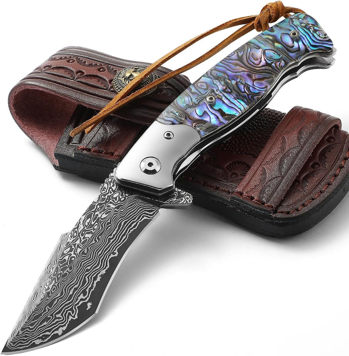 DRACHENADER Damascus Folding Knife with Abalone Handle and Leather Sheath