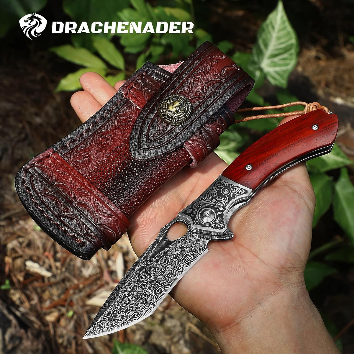 DRACHENADER  Damascus Steel Folding Knife with Leather Sheath