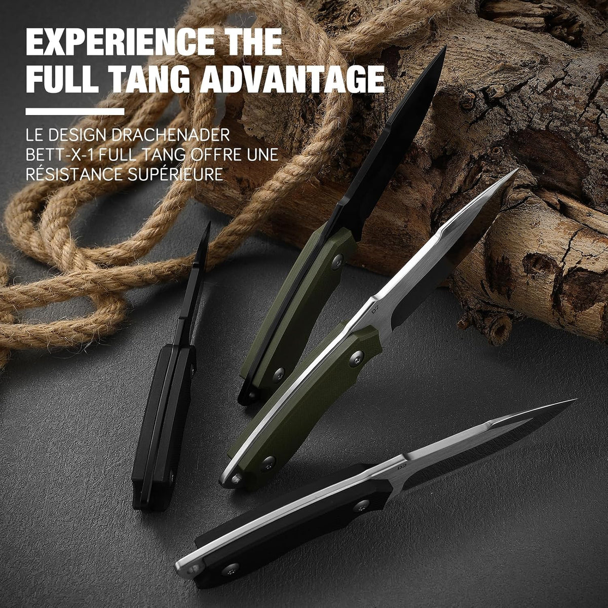 DRACHENADER 7" D2 Steel EDC Fixed Blade Knife with G10 Handle and Kydex Sheath