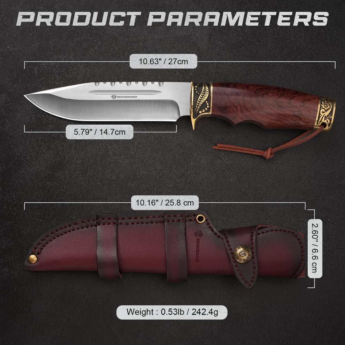 DRACHENADER 10.63" Fixed Blade Knife with Wood Handle and Leather Sheath