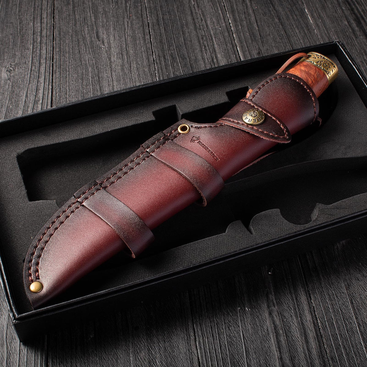 DRACHENADER 10.63" Fixed Blade Knife with Wood Handle and Leather Sheath