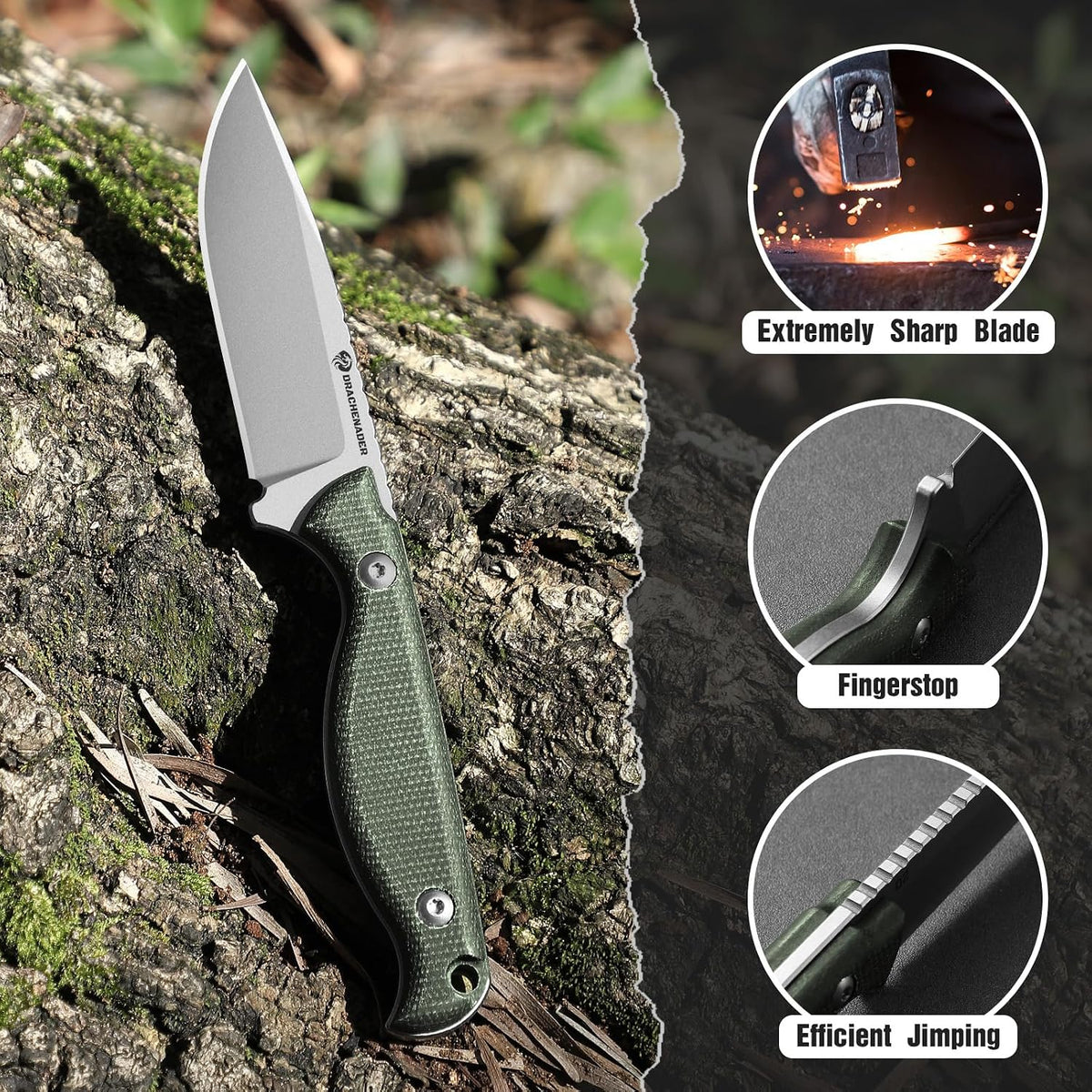 DRACHENADER GT3 7" Small Fixed Blade Knife with D2 Steel Micarta Handle and Kydex Sheath
