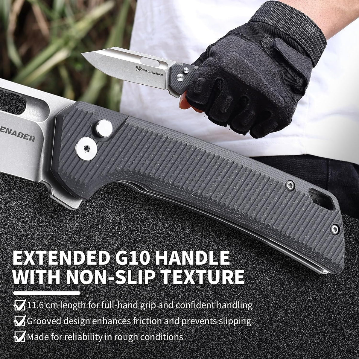 DRACHENADER 8" Folding Knife with 14C28N Blade G10 Handle Button Lock
