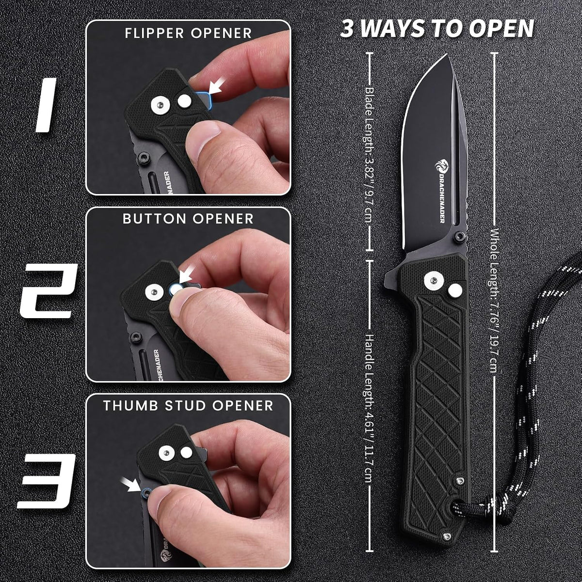 DRACHENADER 7.83" 14C28N Button Lock Folding Knife with G10 Handle