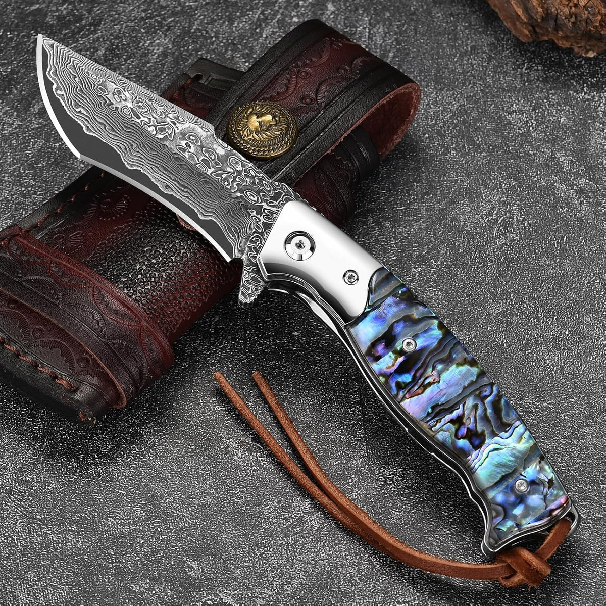 DRACHENADER Damascus Folding Knife with Abalone Handle and Leather Sheath